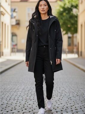 Michael Kors Black Hooded Trench Coat with Zip Detail & Cinched Waist Option